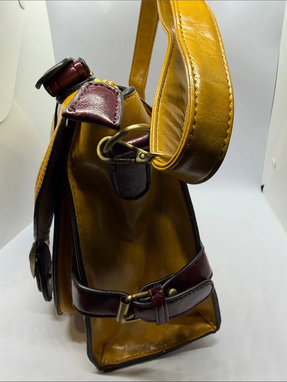 Yellow and Burgundy Leather Satchel with Woven Brown Accent